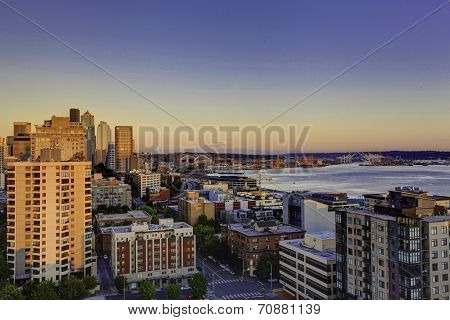 Scenic View Of Mountain Rainer During Sunset. Downtown And Port Of Seattle, Wa State