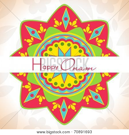 Colorful floral design decorated rangoli on grungy brown background for South Indian festival Happy Onam celebrations. 