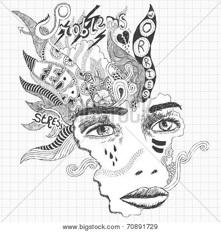 Surreal doodle sketch of a young woman experiencing huge stress and depression