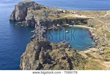 Oblast starověké Akropole Lindos z ostrova Rhodos, Řecko