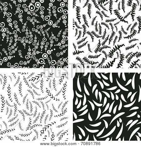 two color (black and white) Funky sketched seamless pattern set