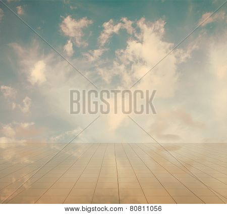 blue sky and miror floor, cloudy background, retro film filtered, instagram style 