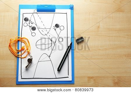 Scheme basketball game on clip board paper with marker and wooden table background