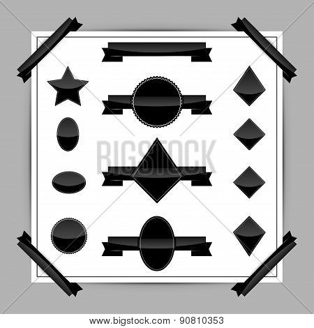 Set of black realistic glass banners and labels.
