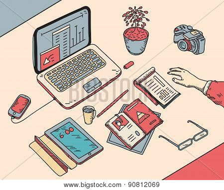 top view sketch hand drawn office or fome workplace freelancer with business objects and items lying
