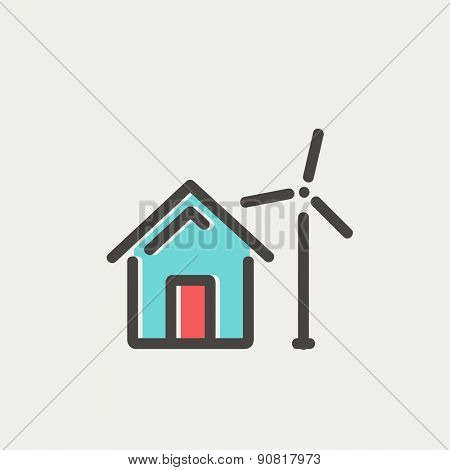 House with windmill icon thin line for web and mobile, modern minimalistic flat design. Vector icon with dark grey outline and offset colour on light grey background.