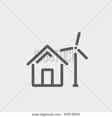 House with windmill icon thin line for web and mobile, modern minimalistic flat design. Vector dark grey icon on light grey background.