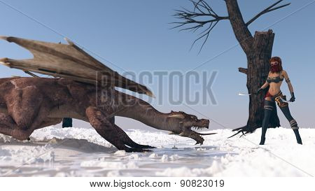 warrior woman against dragon