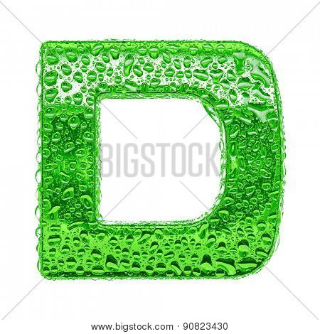 Fresh Green alphabet symbol - letter D. Water splashes and drops on transparent glass. Isolated on white