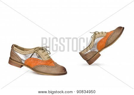Beautiful Brown And Orange Woman Shoes Isolated On White Backgro