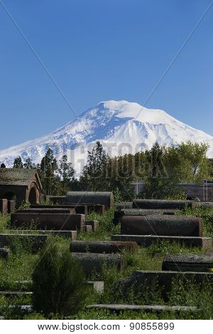 Ancient Gravestones, Background Ararat, Masis, Etchmiadzin Cathedral, Armenia