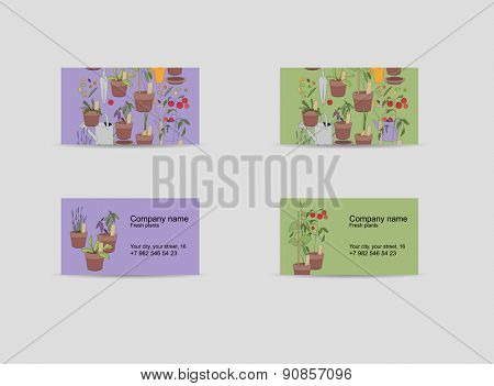 Two visitcards. Theme: gardening, plants and vegetables.