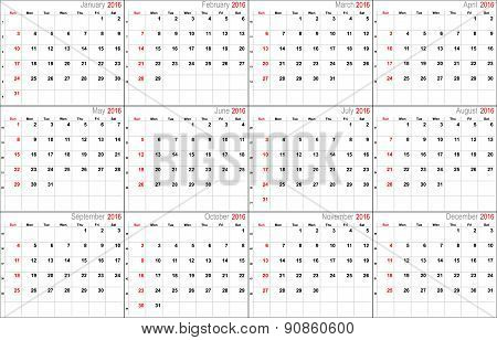 Vector calendar for 2016