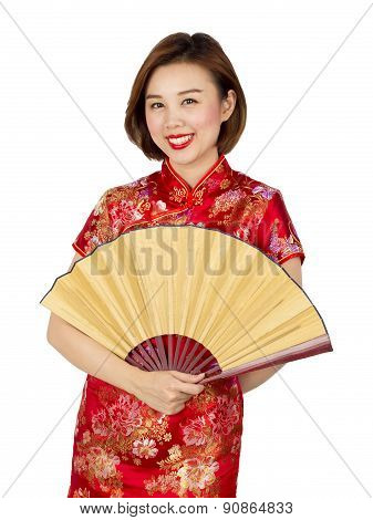 Asian Women Poses Holding Fan Isolated On White Background