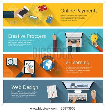 Modern concepts collection in flat design for e-business, web sites, mobile applications, distance learning, online payments, banners etc. Raster illustration