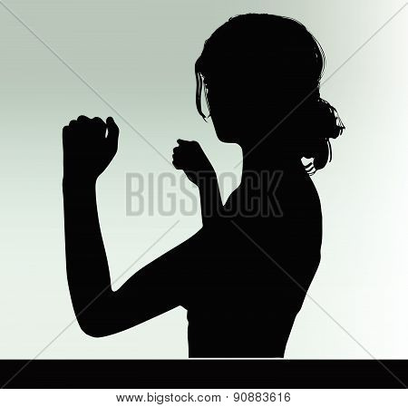 Woman Silhouette With Hand Gesture Power And Might
