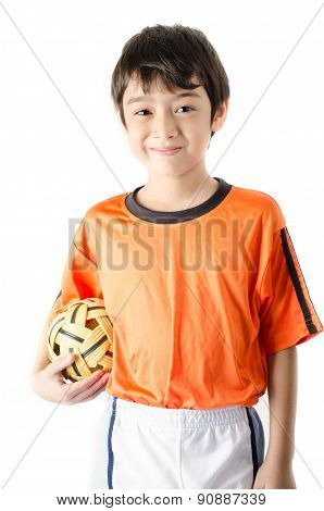 Little Boy Taking Sepak Takraw On White Background