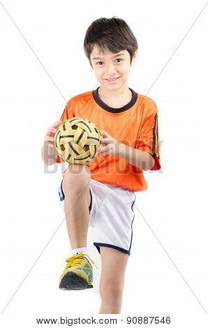 Little Boy Taking Sepak Takraw On White Background