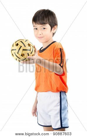 Little Boy Taking Sepak Takraw On White Background