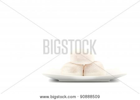Three White Mochi On White Plate