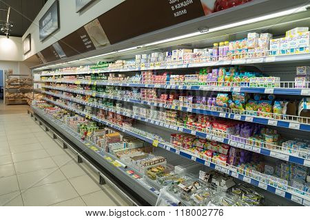 Moscow, Russia - February 02, 2015. The interior of a large store network products Perekrestok