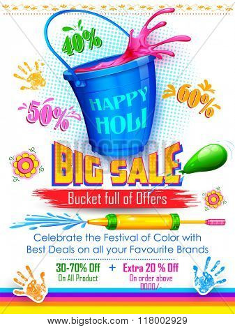 illustration of colorful splash coming out from bucket and pichkari in Holi promotional background