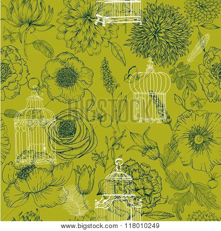 seamless pattern of various vintage keys and cages