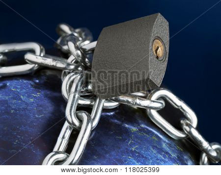 Computer generated planet Earth chained as metaphor of Prison Planet