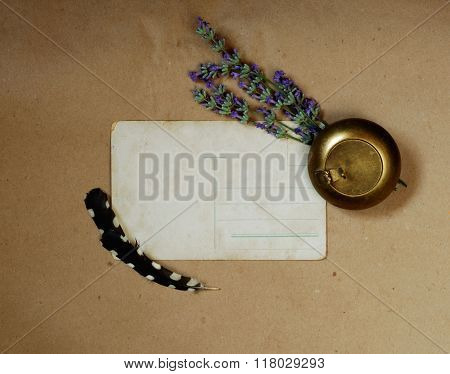 Vintage Background With Old Postcard, Snuffbox, Bouquet Of Lavender And  Woodpecker Feather