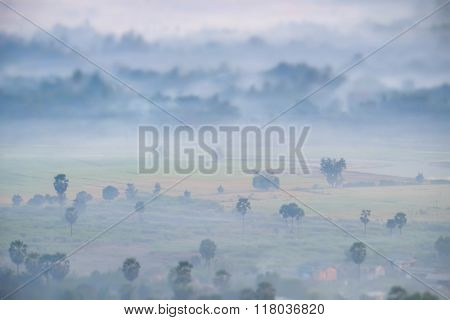 Watercolor View Of Foggy Morning Landscape. Hpa An, Myanmar (burma)