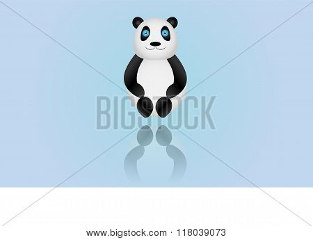 Sitting panda on colored background with reflection
