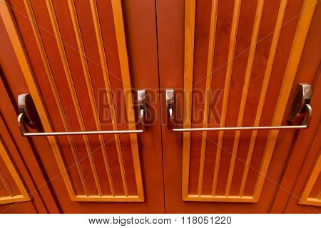 Close Up Of The Theater Entrance Double Doors.