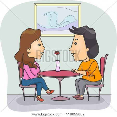 Illustration of a Couple Chatting in a Fine Dining Restaurant
