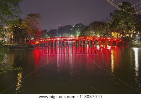 Bridge of the Rising Sun in the night illumination. Hanoi, Vietnam