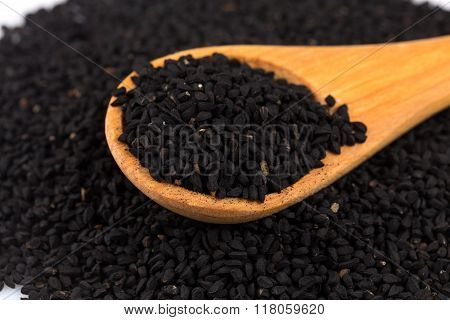 Heap Of Black Sesame On Wooden Spoon