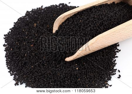 Heap Of Black Sesame On Wooden Spoon