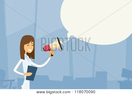 Medical Doctor Woman Hold Megaphone Loudspeaker White Chat Bubble Copy Space Hospital