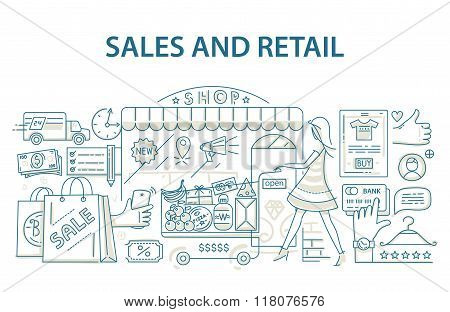 Doodle style design concept of retail commerce and shopping