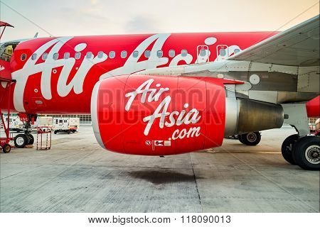 KUALA LUMPUR, MALAYSIA - MAY 02, 2014: close up shot of AirAsia aircraft engine. AirAsia Berhad is a Malaysian low-cost airline headquartered near Kuala Lumpur, Malaysia