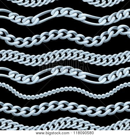 Assorted silver chains on black background.