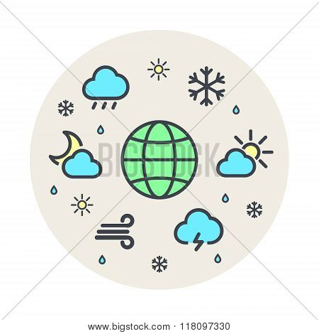 Weather And Climate Planet World Line Icon. Gray Background. A Circle Of Icons.