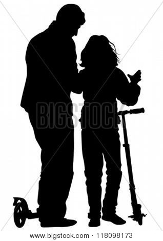 Silhouette of boy and girl on roller skates on white background