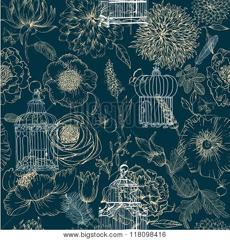 seamless pattern of various vintage keys and cages