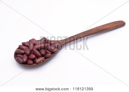 Red Kidney Beans On A Wooden Spoon Isolate On White Background