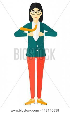 Woman taking off jacket.