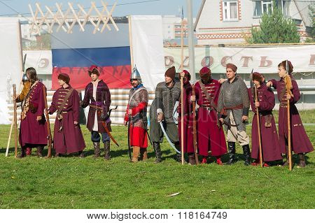 Reenactors in 18th century russian army uniform