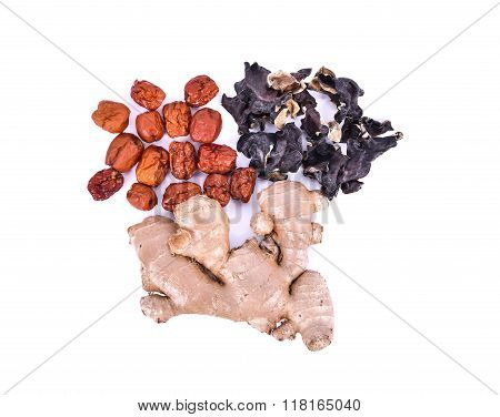 Chinese Herbal Soup Dried Ingredients. Mature Ginger, Ear Mushroom, Chinese Jujubes. Isolated On Whi
