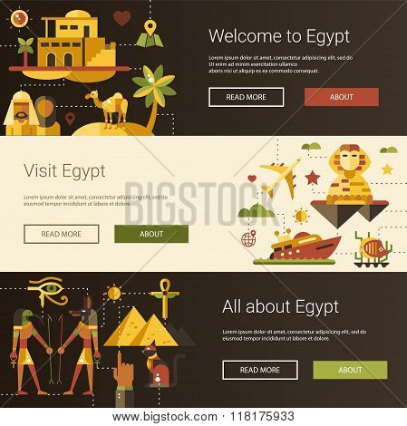 Flat design Egypt travel banners set with famous Egyptian symbols
