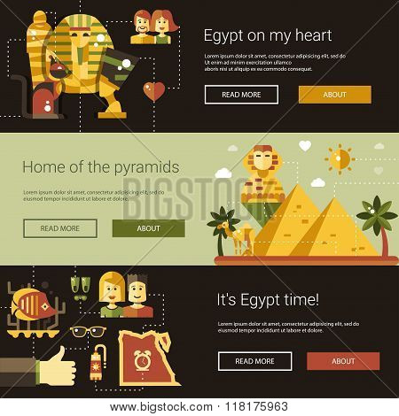 Flat design Egypt travel banners set with famous Egyptian symbols