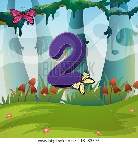 Number two with 2 butterflies in garden illustration